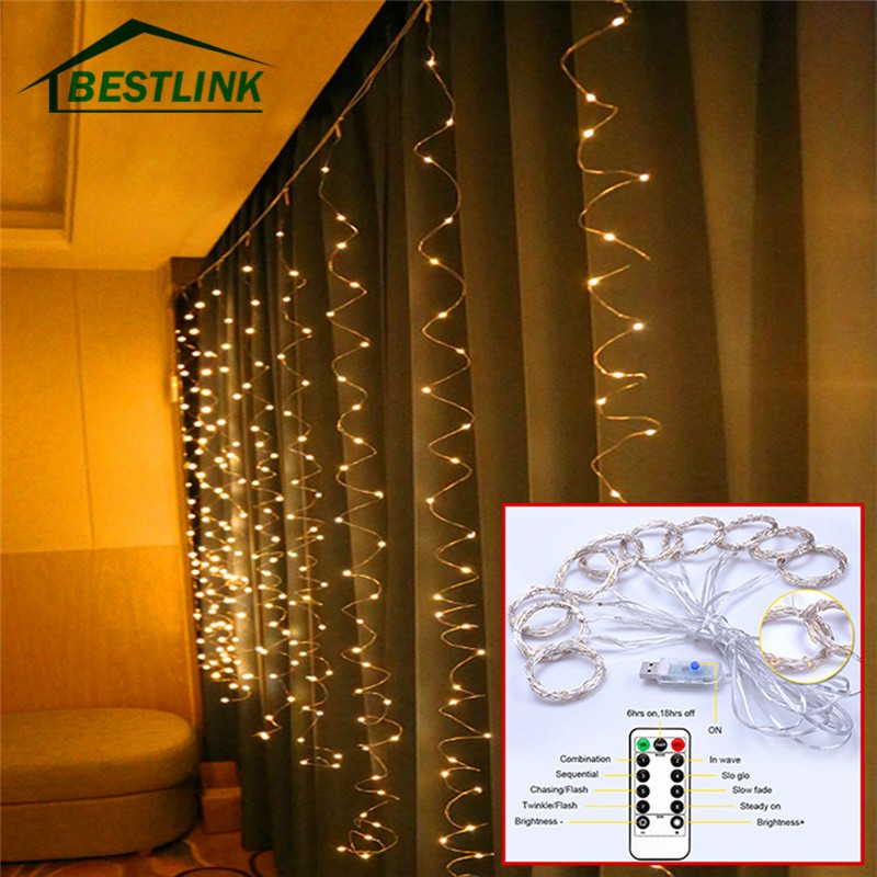 Bl 8 Modes 300 Led Curtain Fairy Lights Usb String Hanging Wall
