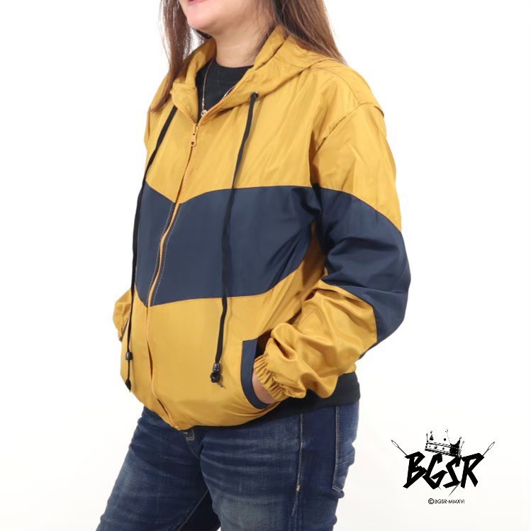 Kids Girls Boys Windbreaker Mustard Contrast Block Jacket Hooded Kagoul Raincoat 