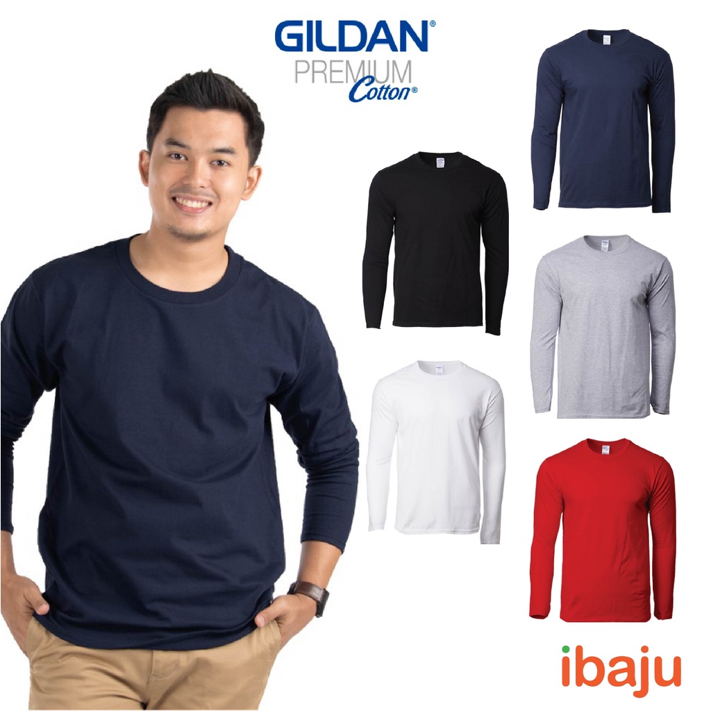 Gildan Unisex Premium Cotton Adult Long Sleeve T Shirt White Navy