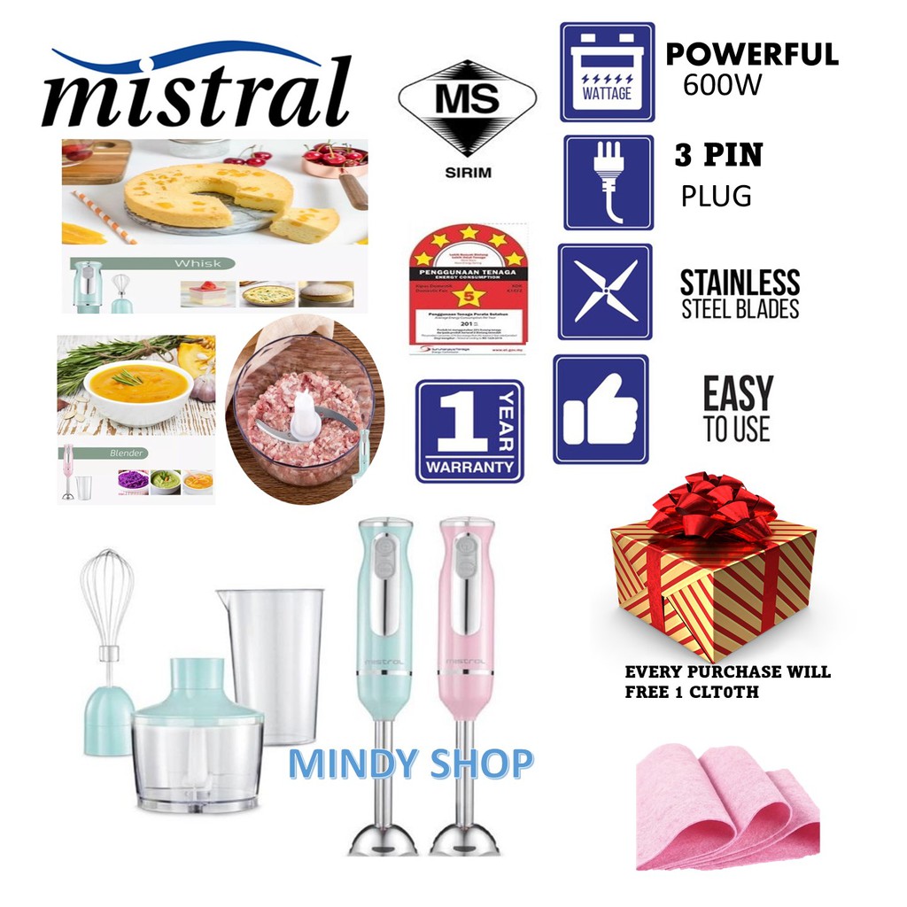 FREE SHIPPING BUBBLE WRAP ELEKTRIK MISTRAL MULTIFUNCTIONAL 600W HAND BLENDER MHB1902 (Mint/Pink) / KHIND BH600M搅拌机