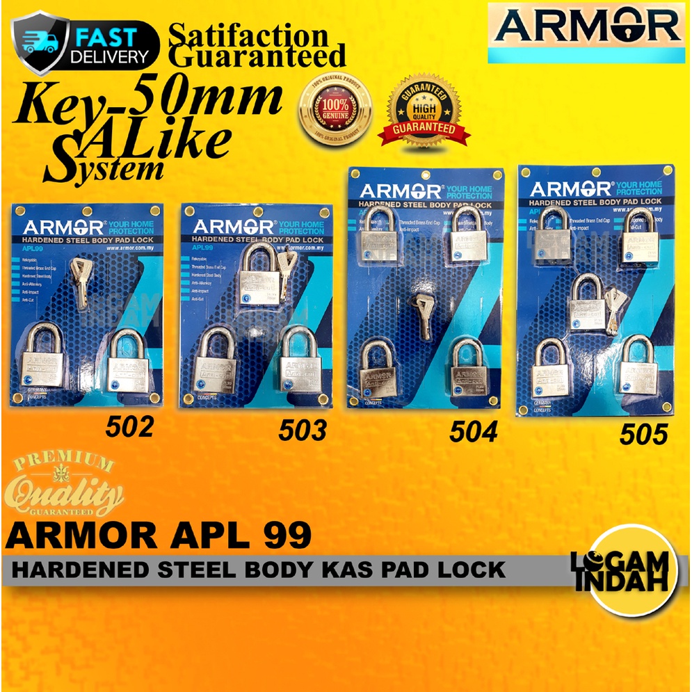 ARMOR APL99 502/503/ 504/505 KAS HARDENED STEEL ANTI CUT BODY PAD LOCK / MANGGA ANTI CUT KAS SET