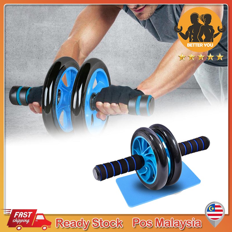 ?【Ready Stock】Double Wheel AB Roller Fitness Gym Equipment Free Knee Mat Top Quality Weight Training Equipment