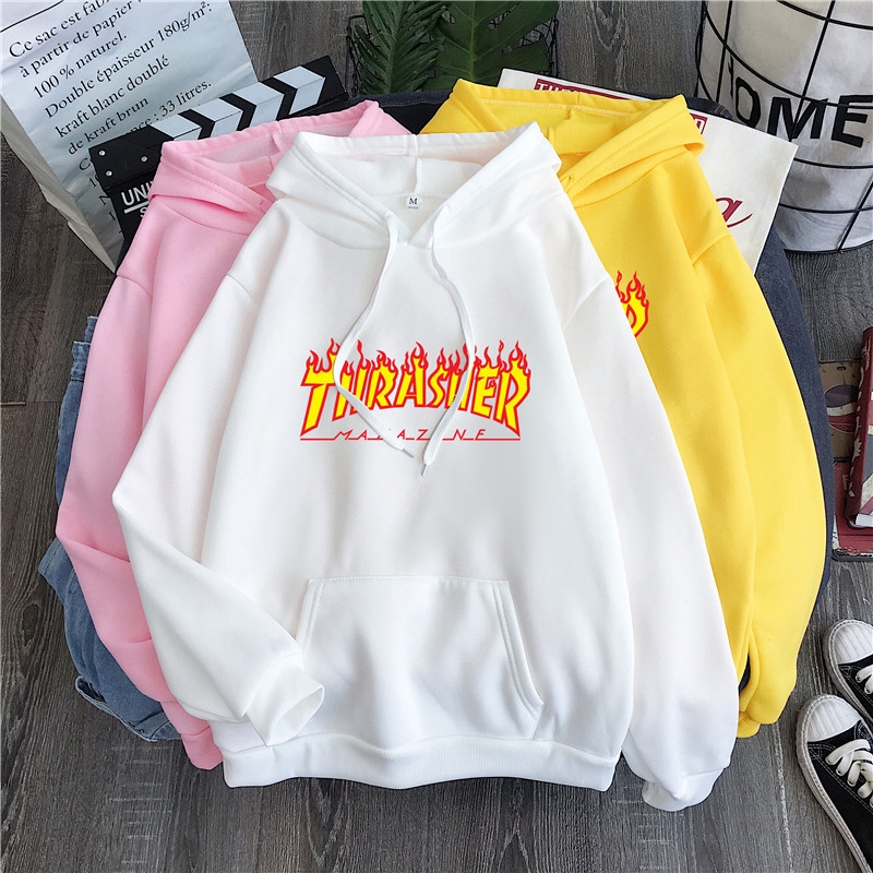 Factory Price Women S Casual Hoodie Thrasher Flame Print Pattern Coat Thicken Loose Cotton Couple Wear Tops Sportswear Shopee Malaysia