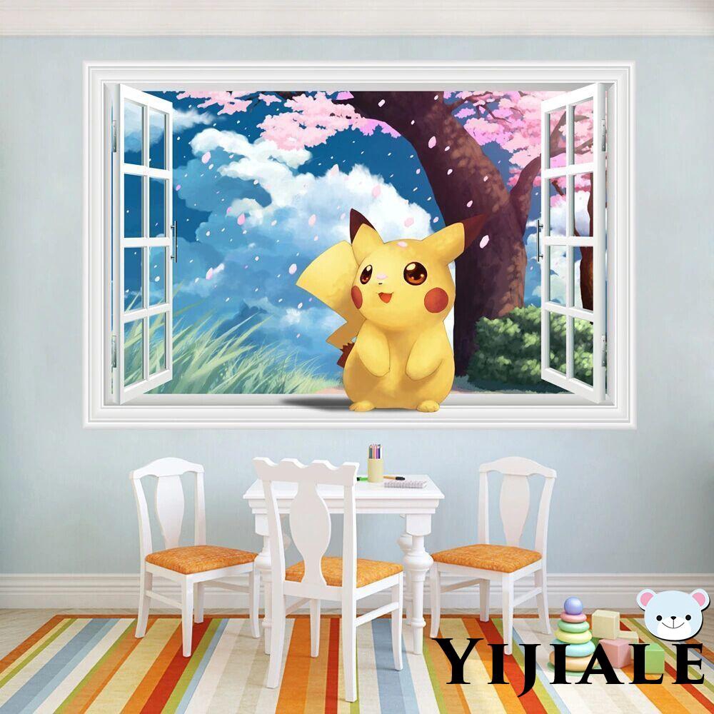 Yj Pokemon Pikachu 3d Window View Wall Sticker Vinyl Decals Kids