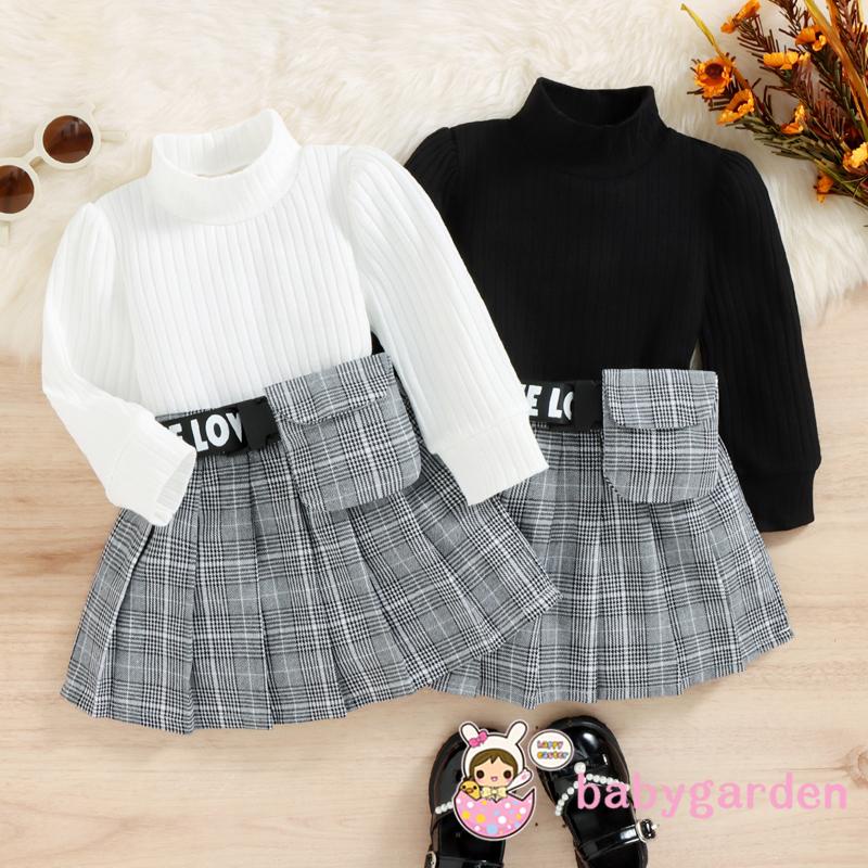 BABYGARDEN-1-6years Baby Girls Fall Outfits, Solid Color Ribbed Long Sleeve  T-Shirt + Plaid Pleated Skirt with Waist Bag Set | Shopee Malaysia