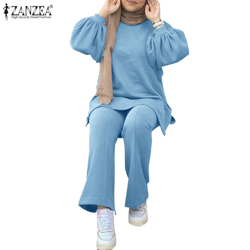 ZANZEA Women Europe Long Puff Sleeve Fashion Casual Pops and Wide-leg Elastic Waist Pants Muslim Suits