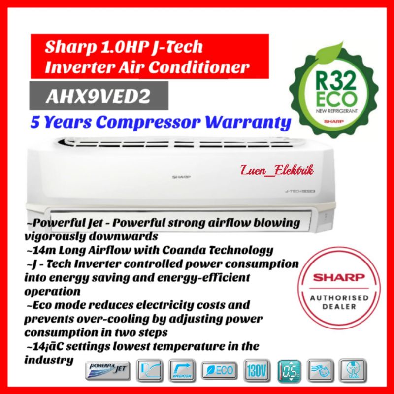 Sharp 1.0HP / 1.5HP / 2.0HP Inverter Air Conditioner AHX9VED2