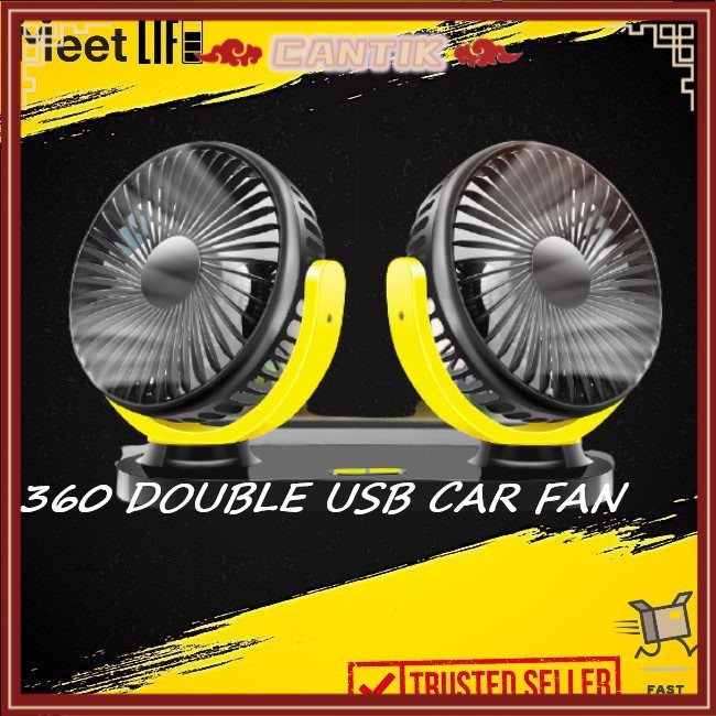 💥USB Car Fan Truck Fan Air Conditioning 3 Speed USB Fan Dual Head 360°Rotating Silent Mini Car Fan 汽车风扇 USB风扇