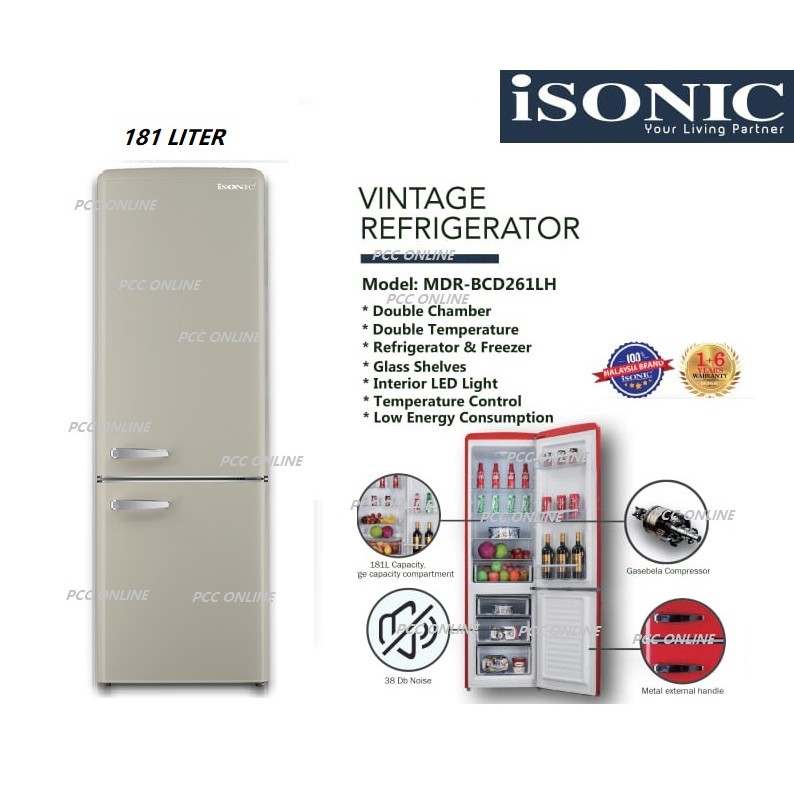 Isonic Double Door Vintage Refrigerator Mdr Bcd261lh Red Creamy White Shopee Malaysia