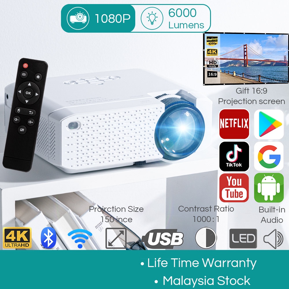 6000 Lumens Full HD 1080P Android Home Theater Netflix Youtube WIFI LCD LED Mini Projector