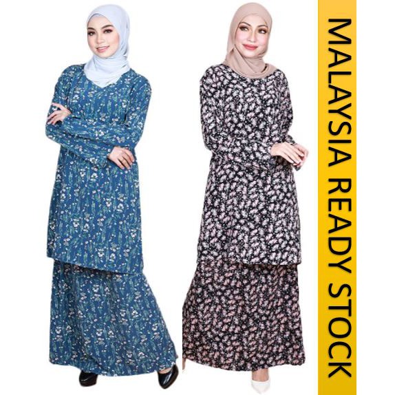 Ready Stock Set Baju Kurung Wanita Kain Bunga Kecil Impact Kurus Size 44 48 Soft Fully Printed Baju Kurung Se