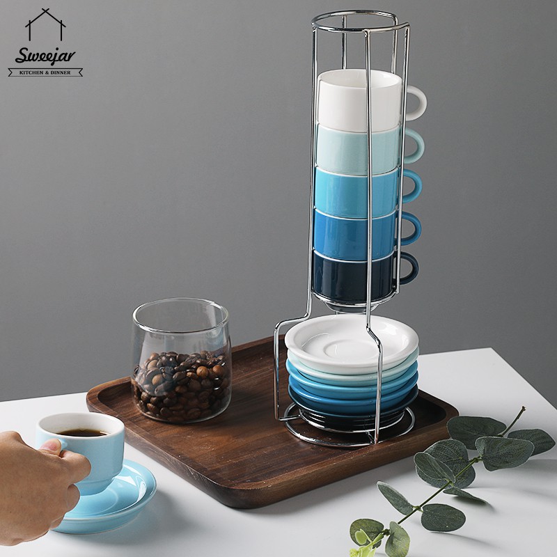 SWEEJAR Porcelain Espresso Cup & Saucer Set Stackable With Metal Stand