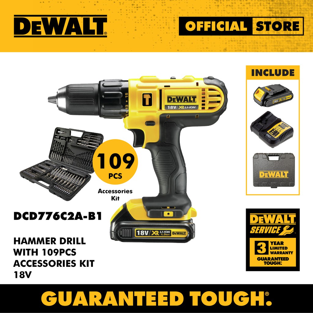 DEWALT DCD776C2A-B1 Hammer Drill With Accessories Kit (18V/109 Pcs ...