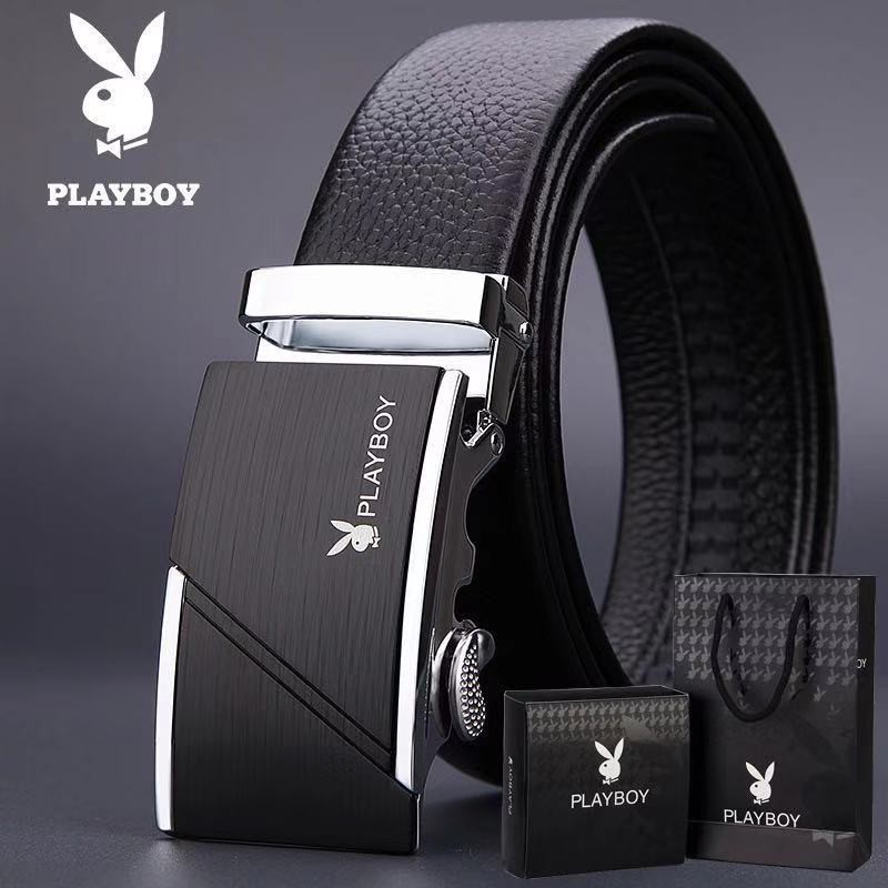 PLAYBOY Business Men Leather Premium Belt Black Stripe Auto Lock Buckle ...