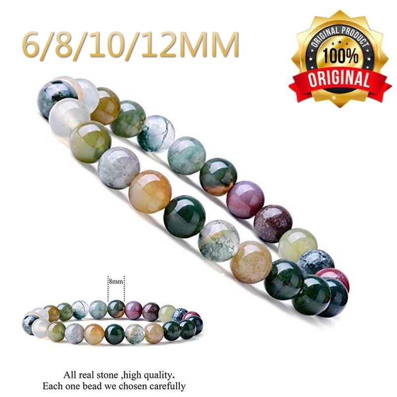 Natural 6-12mm Gemstone Indian Agate Healing Crystal Stretch Beaded Bracelet