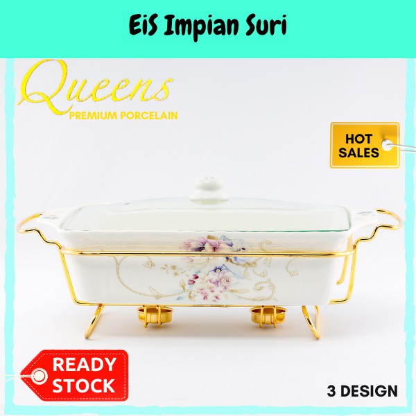 (Ready Stock!!) Queens Premium Porcelain (3L/4.5L) Single Casserole with Gold Metal Rack Food Warmer Buffet Set