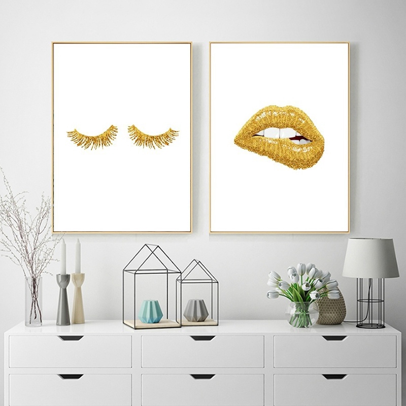 Gold Lip Art Fashion Poster Prints Sexy Lips Wall Art Canvas Painting Shopee Malaysia