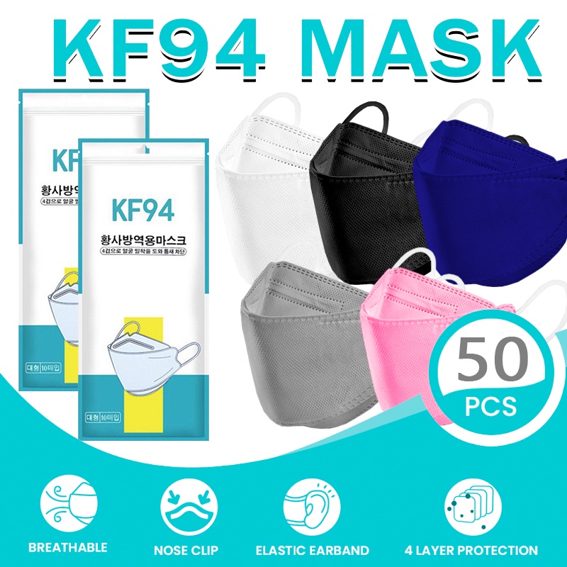 (Local Stock)50PCS KF94 Korean Mask Adult facemask KN95 3D Fish Mouth Face Mask Disposable Earloop 4ply White Black mask