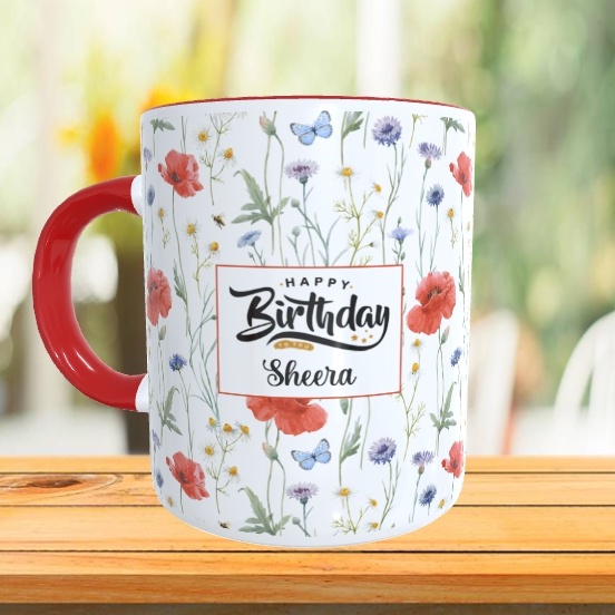 Red Wildflower Personalised Mug with Name/Text, birthday, gift, hadiah, harijadi, kucing, cawan, cup