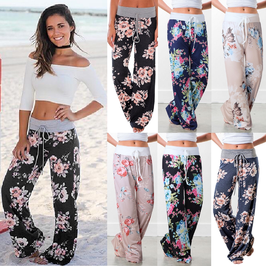 Plus Size Womens Floral Yoga Palazzo Trousers Summer Casual Loose Wide Leg Pants