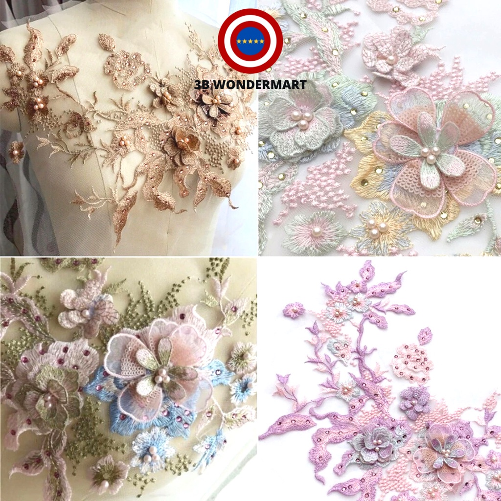 32mm Embroidery Wedding Dress Lace Floral Pearl Beaded 3D Applique Flowers Decor