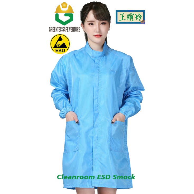Cleanroom ESD antistatic Smock/ lab coat zip type round velcro collar