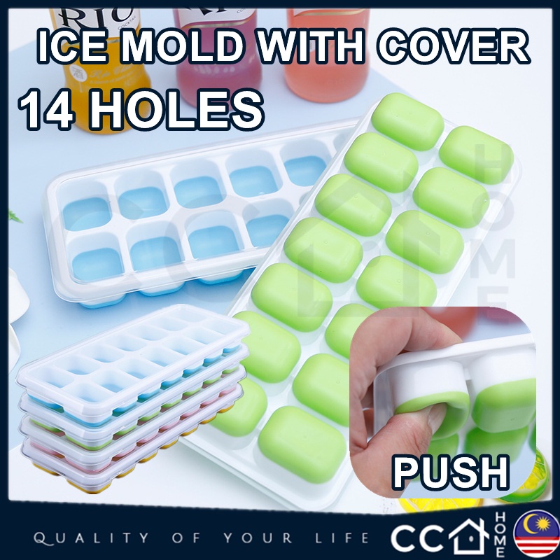 14 HOLES SILICONE ICE CUBE ICE MOLD TRAY With Cover BABY FOOD Maker Mold Tray Containers Pembuat Ais Batu 冰格 结冰盒 打冰块 75-