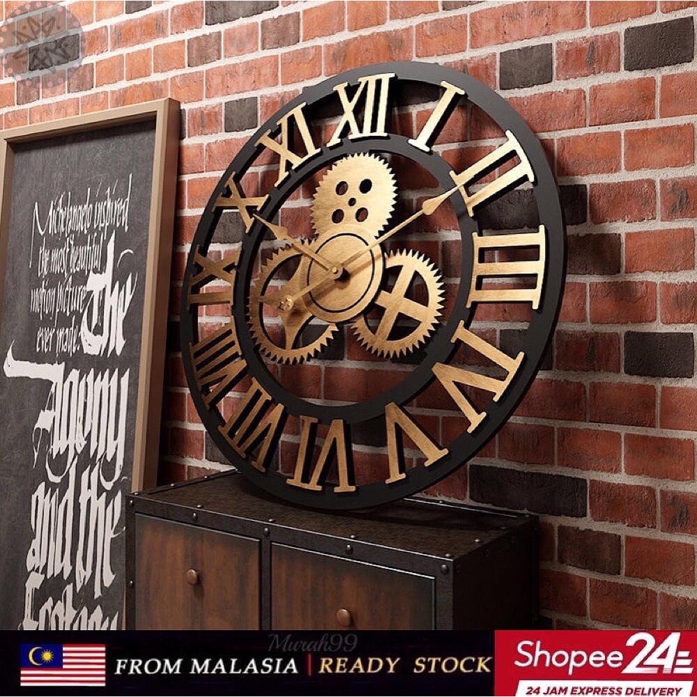 Modern Large Living Room Wall Clock/Jam Dinding Antique 3D Vintage Metal Roman Numerals 40CM-80CM Silent Sweep Decor