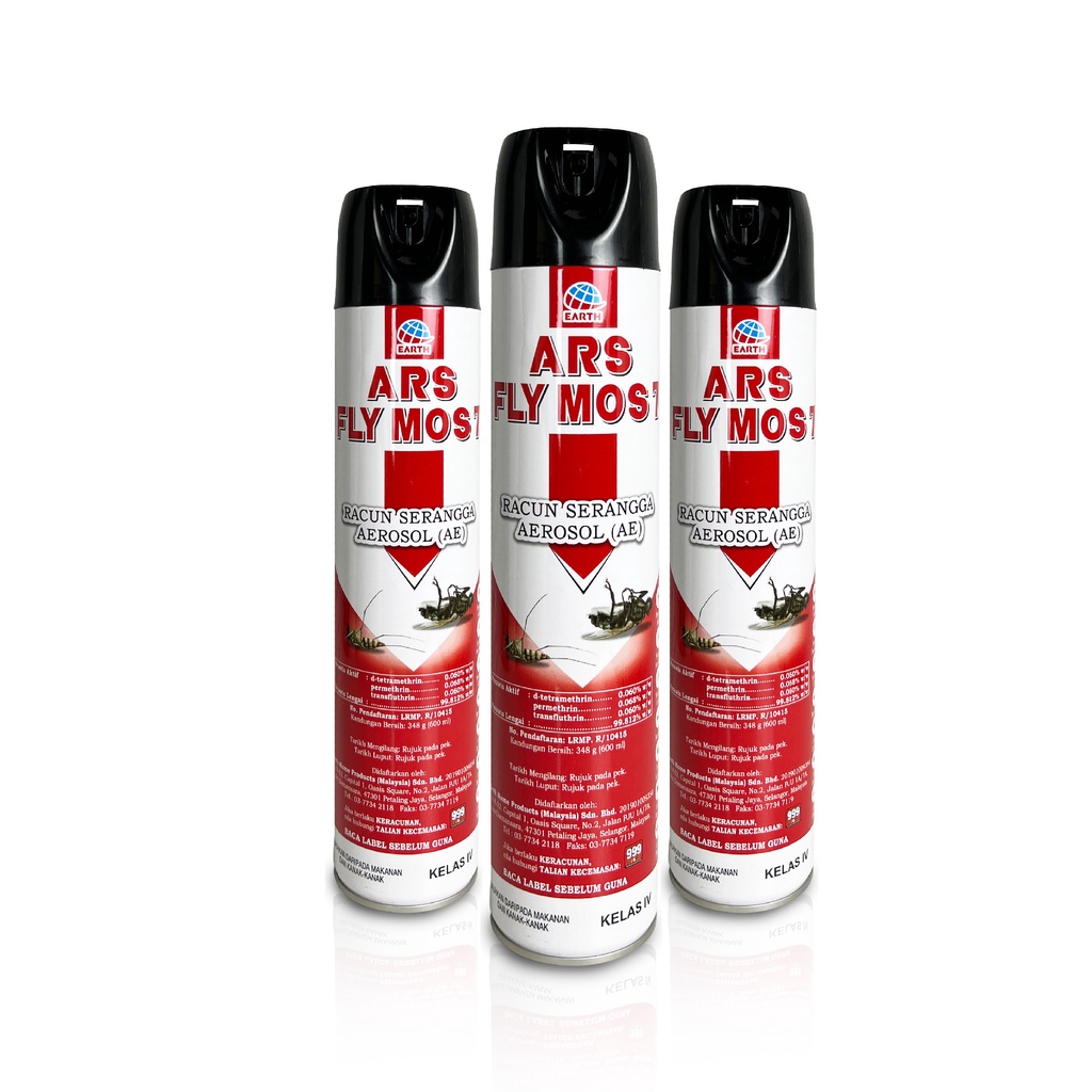 3x ARS Fly Mos 7 [600ml] Flies & Mosquito Lemongrass Spray Aerosol
