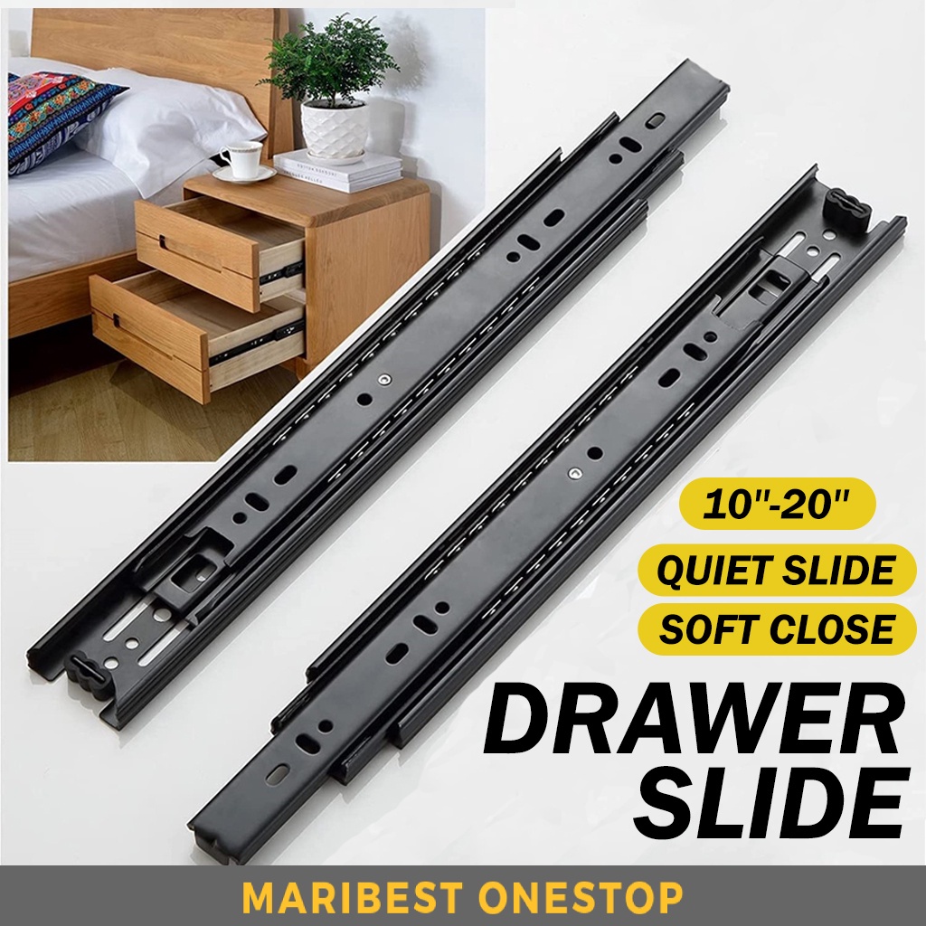 1Pair Black Drawer Slide Rail Soft Closing Full Extension