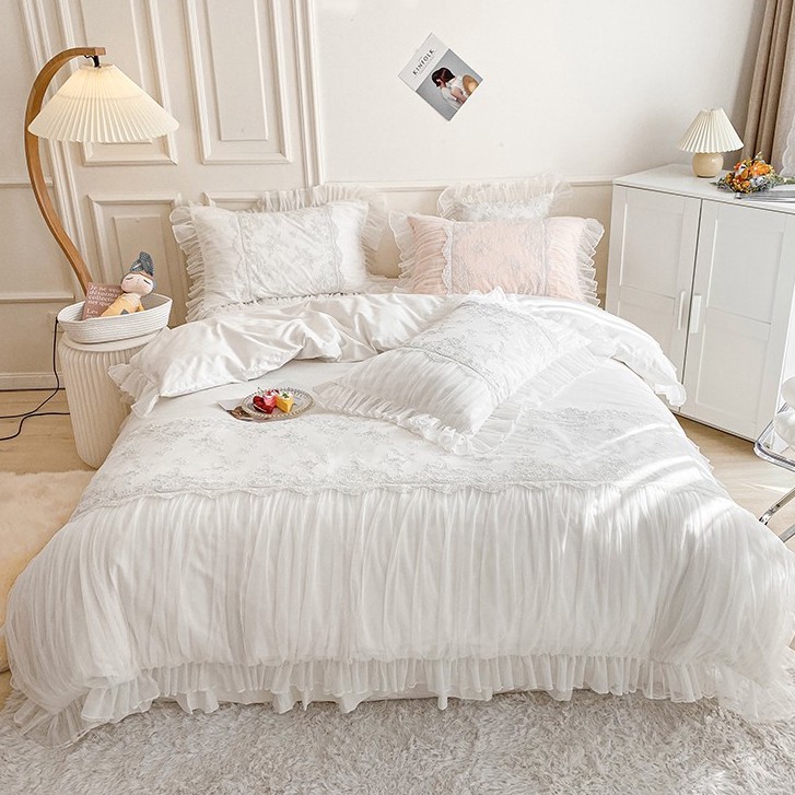 100 cotton pure color Lace exclusive bridal wedding bed sheet set