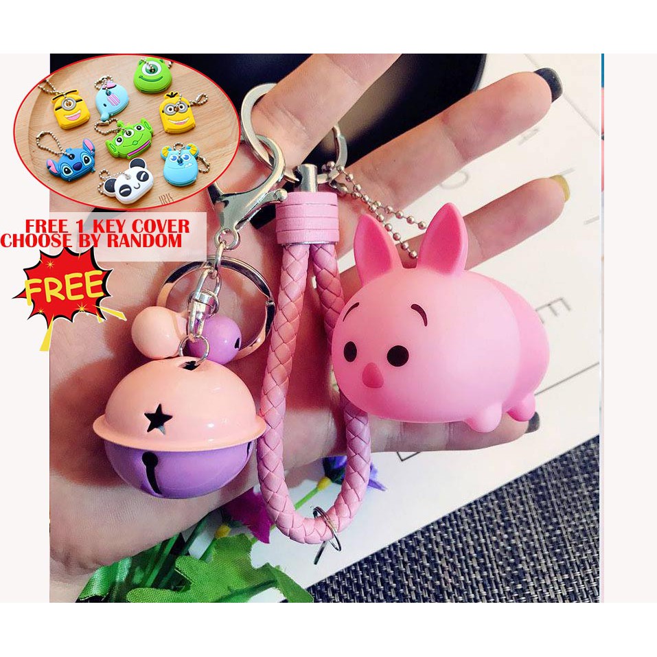 [ READY STOCK ]In Malaysia Tsum Tsum Piglet Keychain With Pink Purple Bell