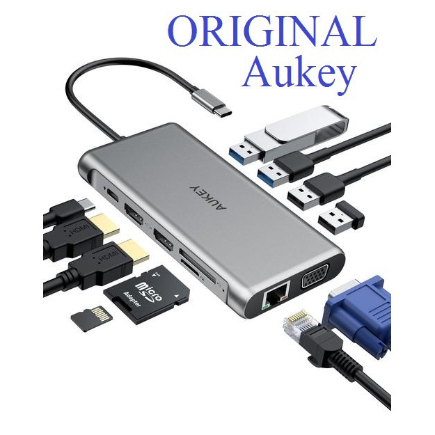 Aukey 12 In 1 Usb C Hub With Gigabit Ethernet Dual 4k Hdmi Usb A Pd Usb C Vga Sd Card Microsd No Box Shopee Malaysia