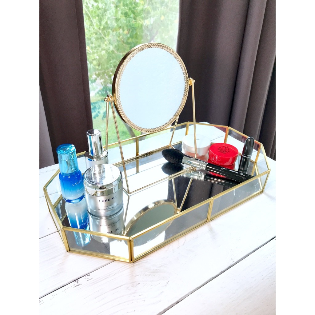 Gold Decor Tray Skincare Makeup Storage Box Mirror Tray Home Decor