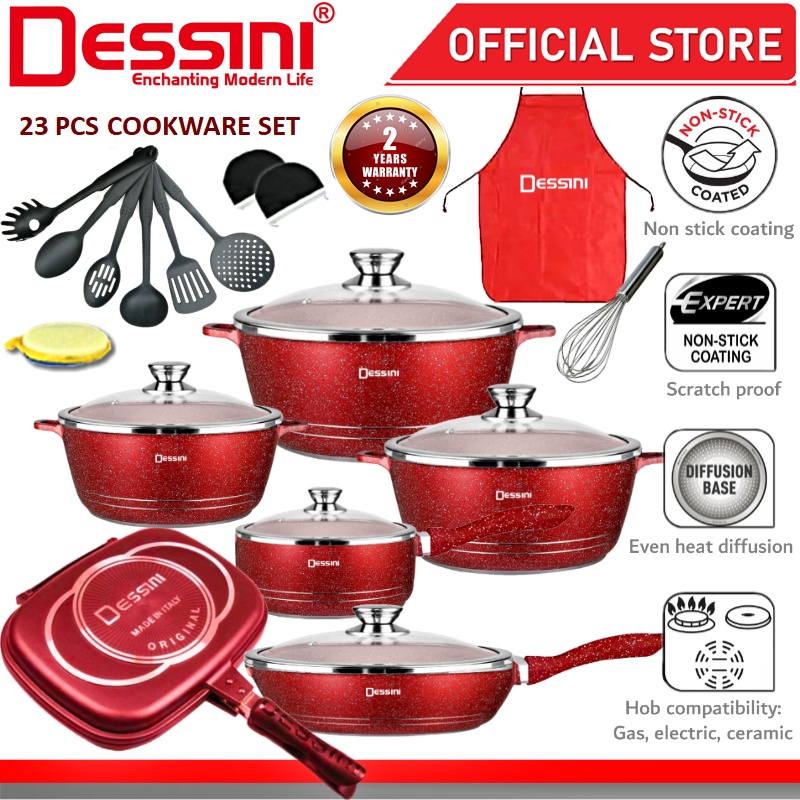 DESSINI ITALY Granite Aluminium Non Stick Casserole Pot Bowl Double Sided Grill Fry Pan Cookware Tool (23 Pcs)