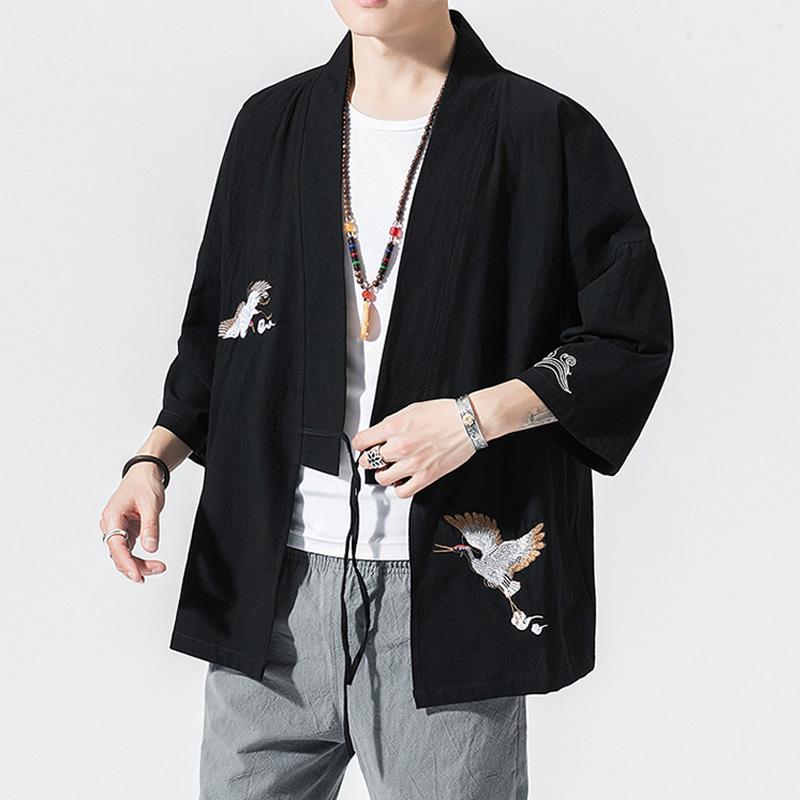 Summer Cotton Linen Kimono Shirt Men Vintage Loose Vneck Cardigan