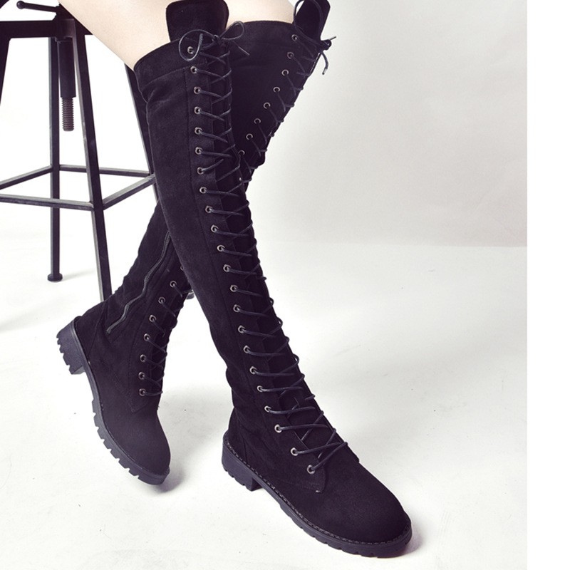 ladies black flat knee high boots