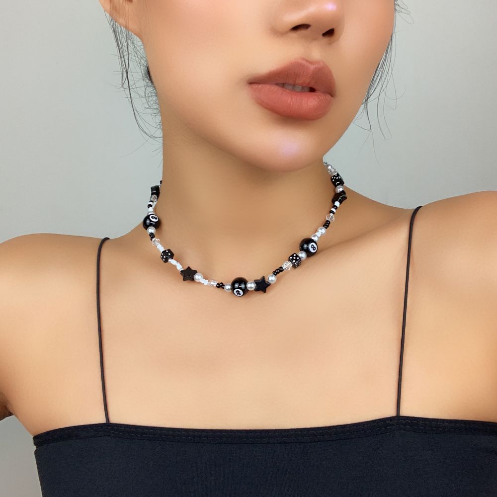 Fashion Black White Bead Necklace Star Ball Pearl Chain Choker for Women Accessories Jewelry