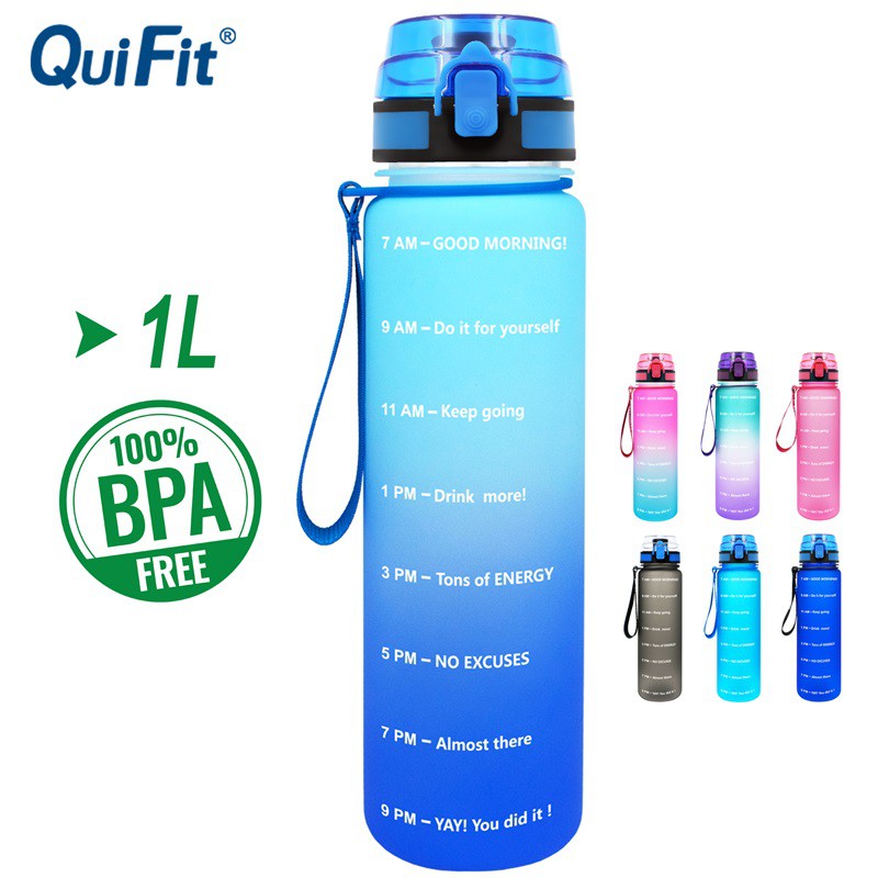QuiFit 1L Tritan Water Bottle With Filp Lid Time Marker BPA Free Sports