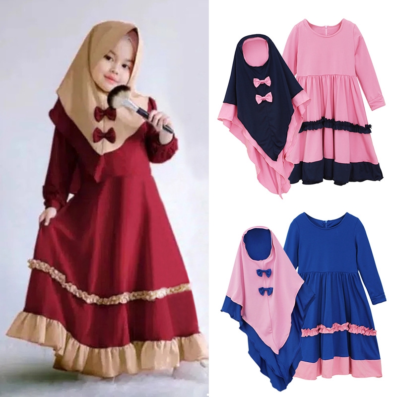 2020 Baju Raya Kids Girls Kurung Sedondon Jubah Kanak Budak Perempuan Clothes Robe Maxi Dress Hijab Set