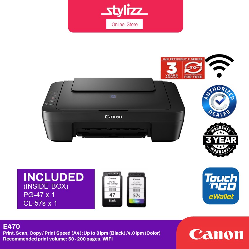 Canon Pixma E470 3 in 1 Print/Scan/Copy with WiFi Color Inkjet Printer [Touch And Go eWallet]