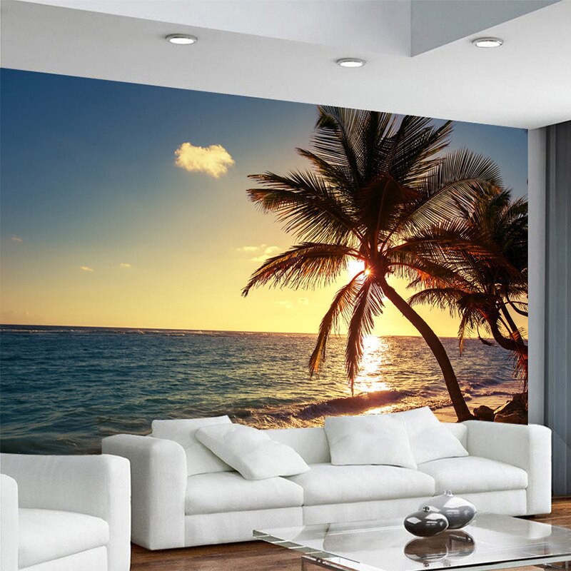 Home decoration mural❈✾♧Custom 3d mural photo wallpaper beach sunset  coconut palm seaside landscape wall painting cafe h | Shopee Malaysia