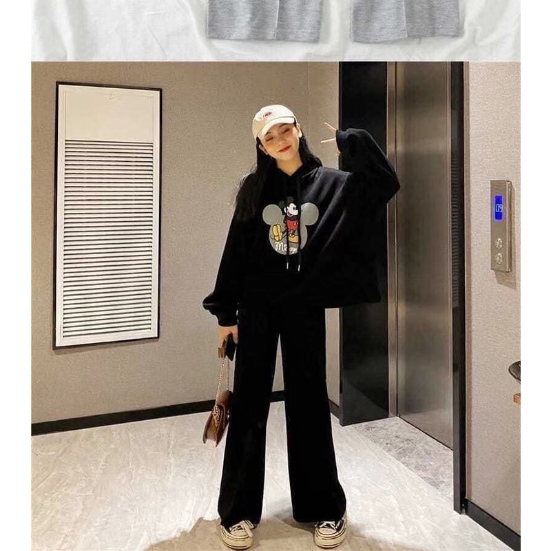 shopee: Harajuku 2 Pcs Suits Sweatshirt Mickey print short-sleeved Casual Wear Sports+ Long Pants Women's Set Wear (0:1:colour:Mickey black black suit;1:4:size:S (below 95 kg))
