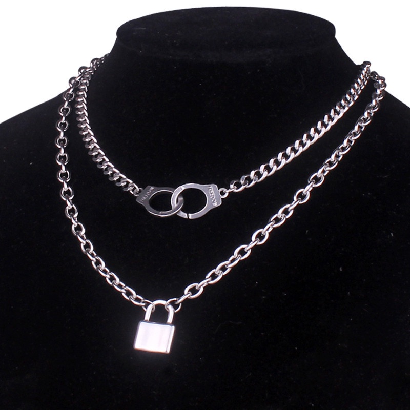 2021 New Punk Gothic Stainless Steel Layered Handcuff Lock Necklaces For Women Grunge Goth Cuba Chain Padlock Necklace For Men di067204