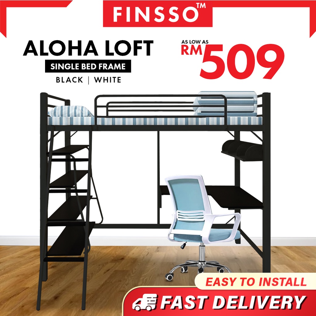 FINSSO : Aurora Loft Single Metal Bed Frame with Study Table & Book Shelves