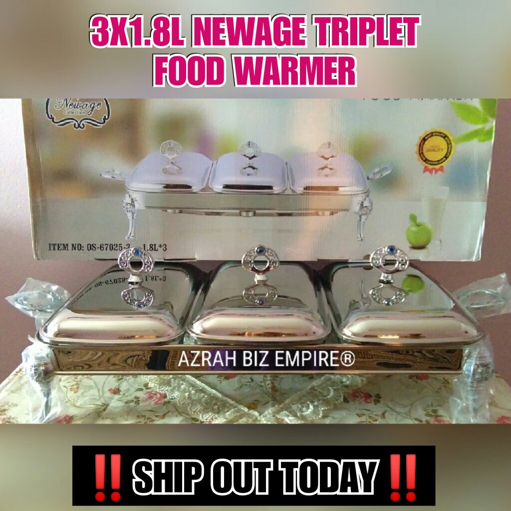 HOT! 3X1.8L TRIPLET RECTANGLE BLUE DIAMOND NEWAGE COLLECTION FOOD WARMER SUSUN TIGA / GLASS BUFFET SET CHAFING DISH