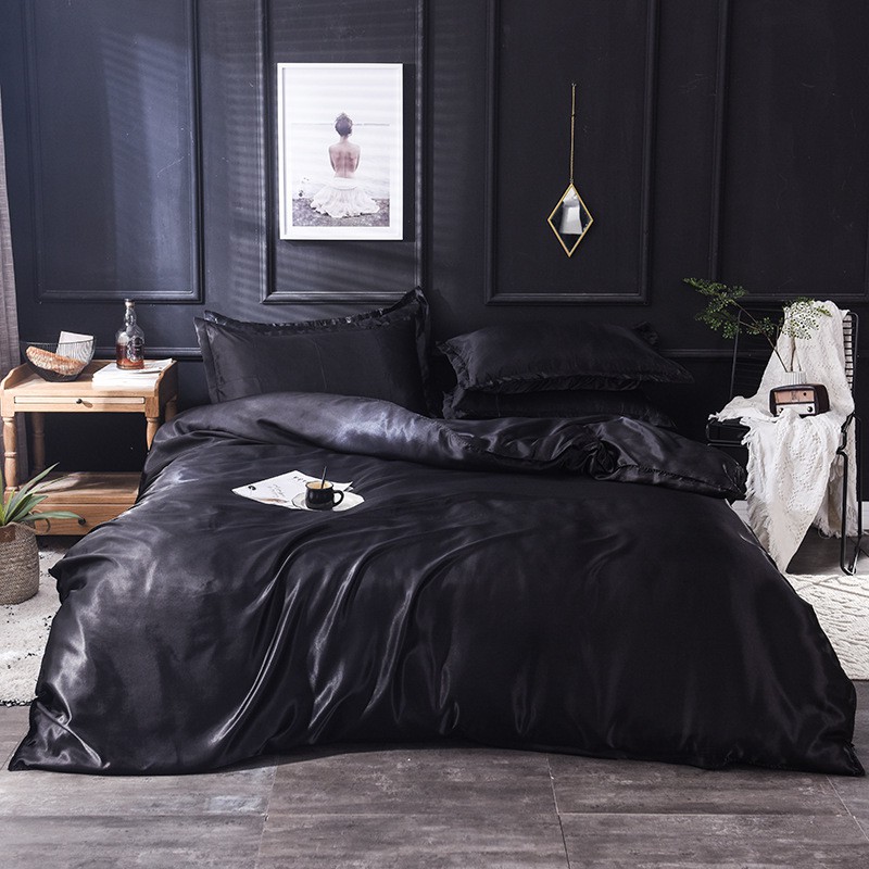 Black Color Silk Four Bedding Sets Bedclothes Linens Solid Satin