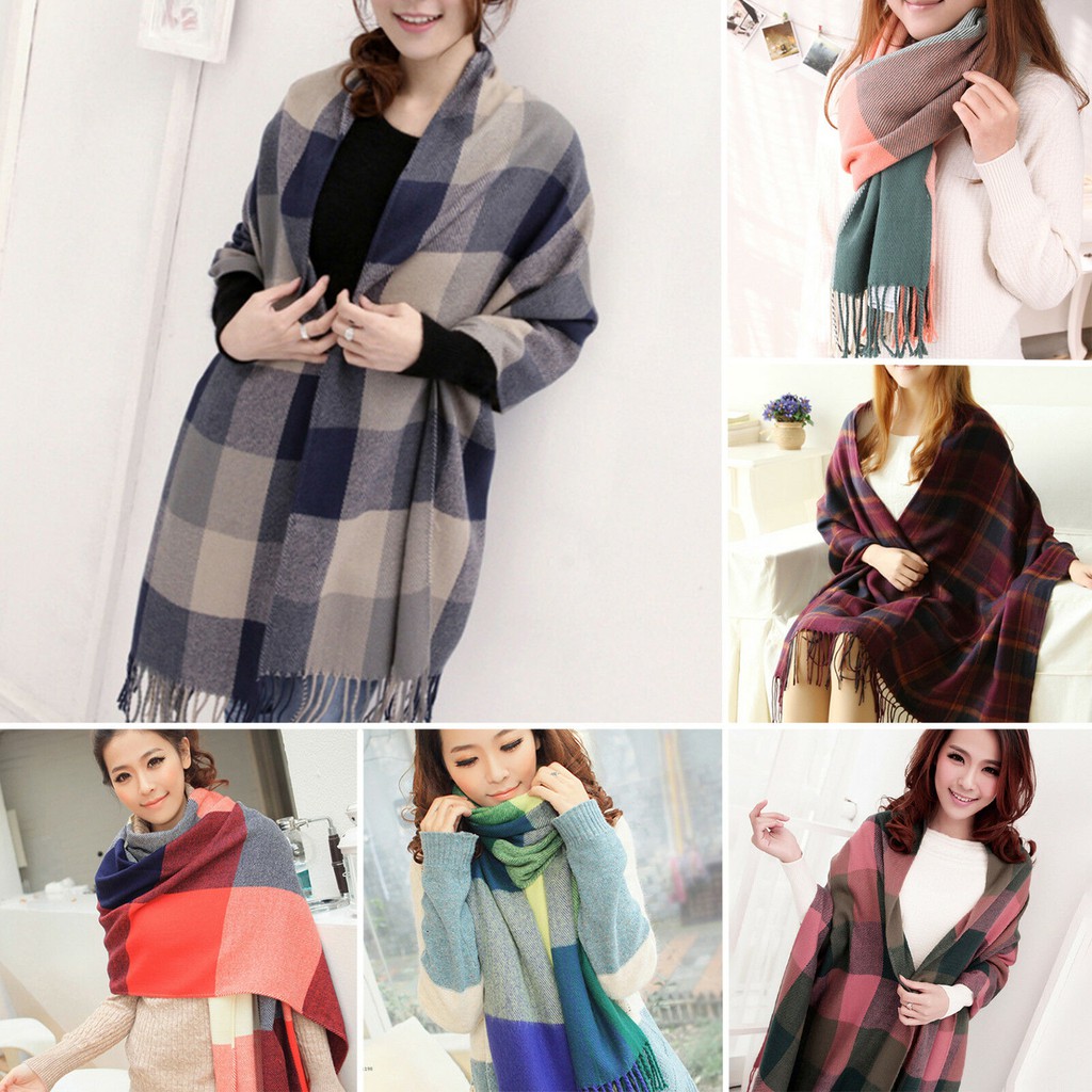 Larger Size Winter Long Soft Warm Tartan Check Scarves Wraps for women Wool Spinning Tassel Shawl Long Stole