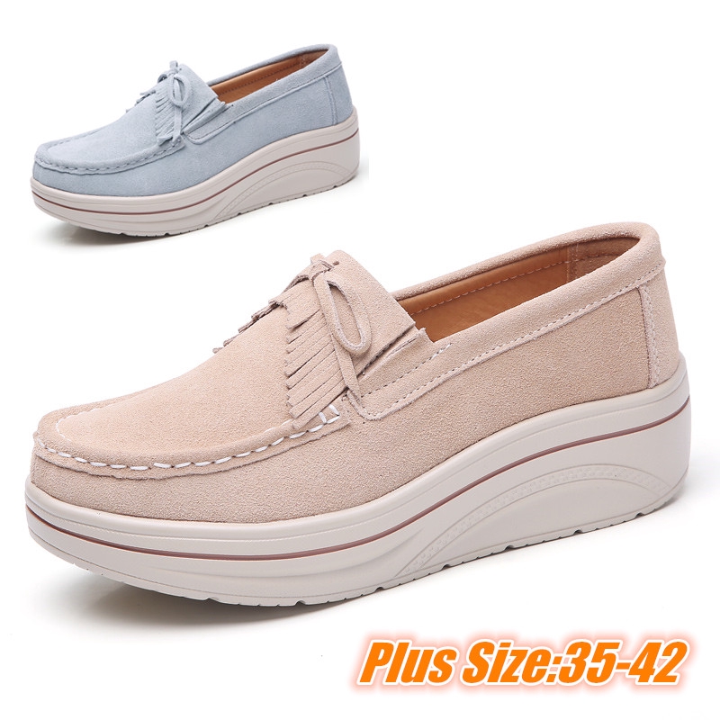 Womens Casual Wedge Comfort Platform Leather Loafers Thick Bottom Boat Shoes