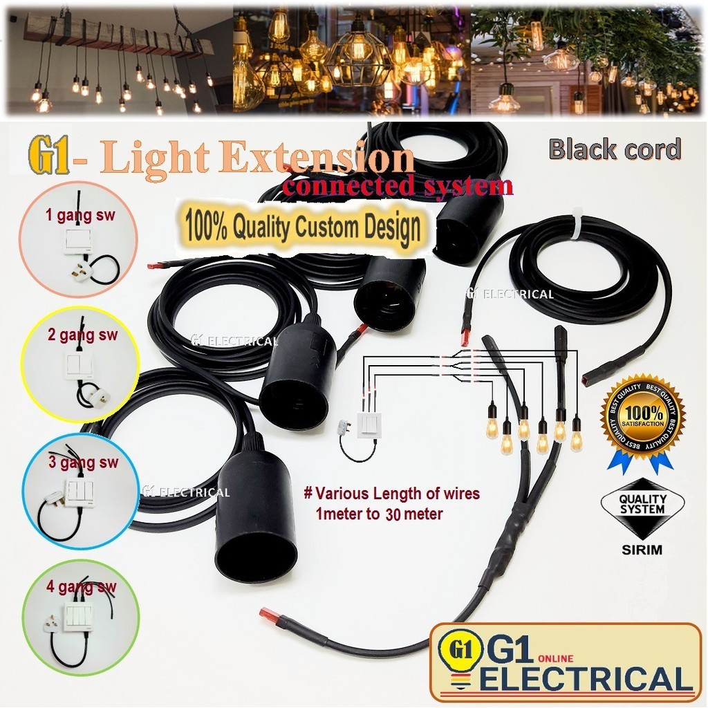 Light Extension wire connected system-Black cord/light extension switch unit /E27 lamp cord.